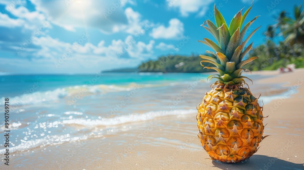 Pineapple on white sand under the bright sun represents summer vacations and carefree. Ideal background for posters dedicated to travel and vacation on the beach Pineapple on white sand under the bright sun represents summer vacations and carefree. Ideal background for posters dedicated to travel and vacation on the beach