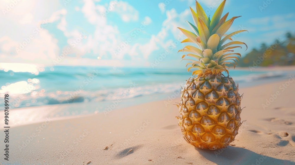 Pineapple on a sandy shore under the bright sun makes you want to enjoy the hot summer days and relax by the sea Pineapple on a sandy shore under the bright sun makes you want to enjoy the hot summer days and relax by the sea