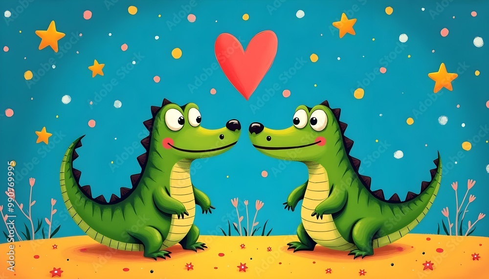 Fototapeta premium Two joyful cartoon alligators face each other, surrounded by stars and a heart in a vibrant setting