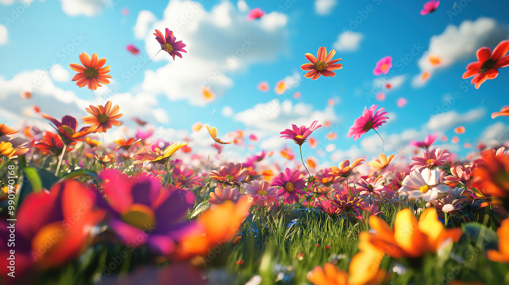 Vibrant Flower Field with Petals Floating in the Air Vibrant Flower Field with Petals Floating in the Air