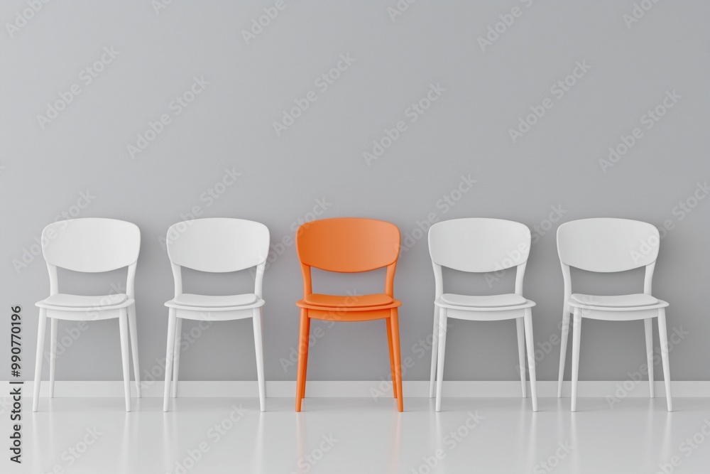 orange chair among white orange chair among white