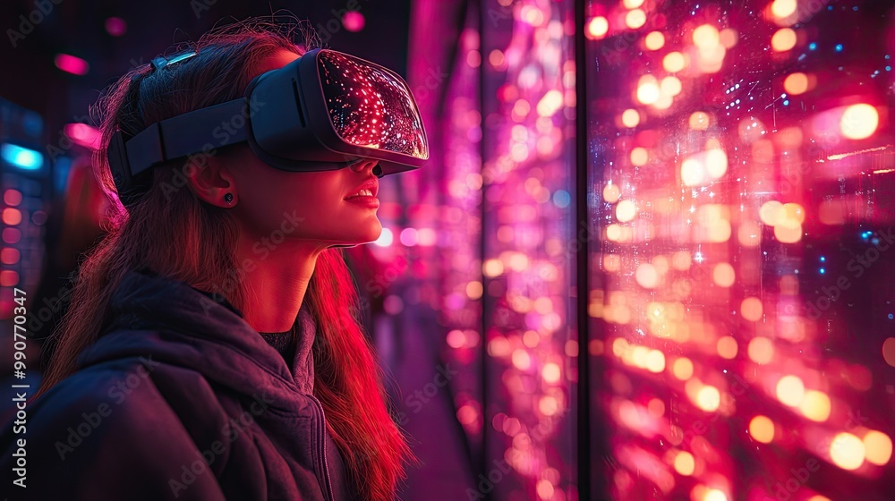 A couple explores cyberspace under glowing lights, illustrating the immersive experience of virtual environments.
