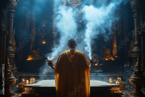 Spiritual leader conducting a religious ceremony with smoke offerings in a sacred temple setting photo