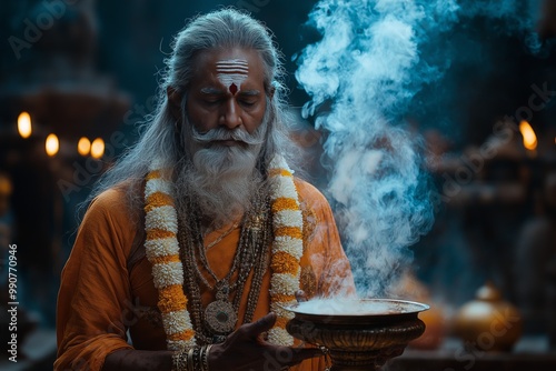 Hindu priest holding incense and offering smoke in a spiritual ritual during a holy pooja photo