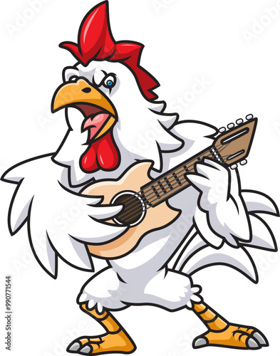  A rooster plays the guitar. Rooster musician Wild Animal Character