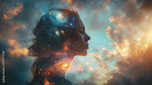 The portrait of a woman with space in her eyes symbolizes her dreaminess and depth