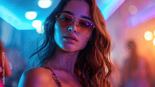 Energetic scene with a young Latina woman capturing the spirit of nightlife in sunglasses