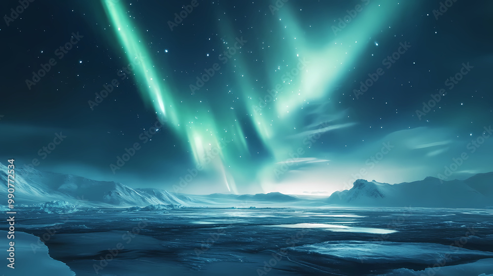 Fototapeta premium Aurora borealis illuminates the night with vivid greens and pinks rippling across the sky over icy tundra. Icy Tundra. Illustration