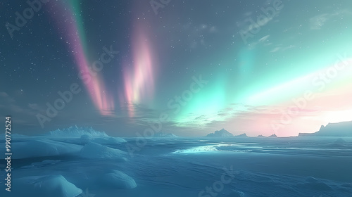 Aurora borealis illuminates the night with vivid greens and pinks rippling across the sky over icy tundra. tundra. illustration. Icy Tundra. Illustration