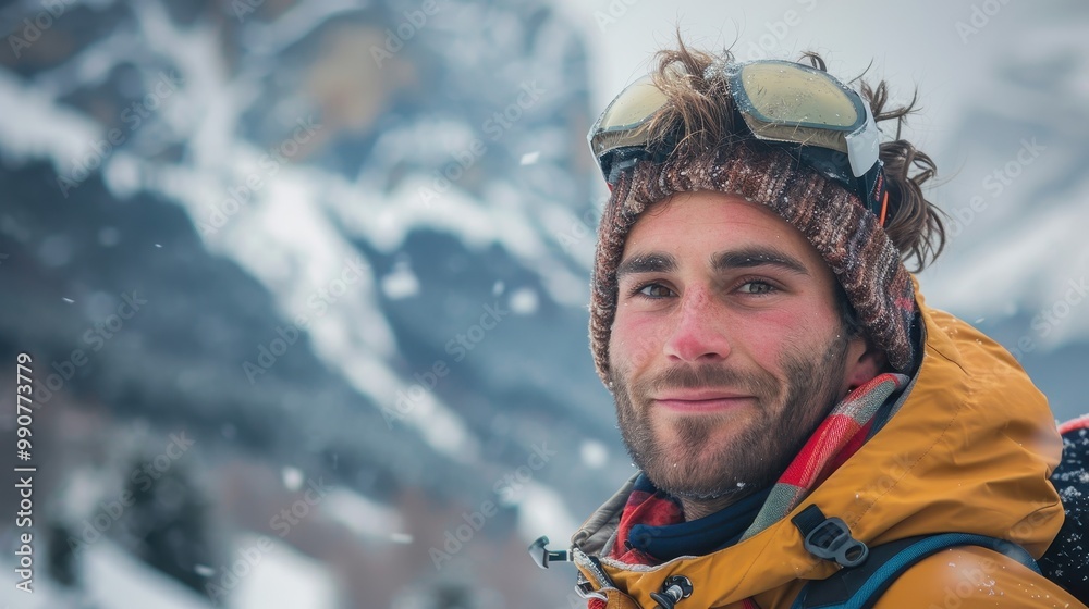 A joyful young man surrounded by the beauty of a snowy alpine environment A joyful young man surrounded by the beauty of a snowy alpine environment