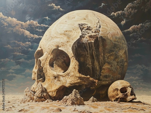 Giant Skull in a Desert Landscape: A Surreal and Symbolic Artwork photo