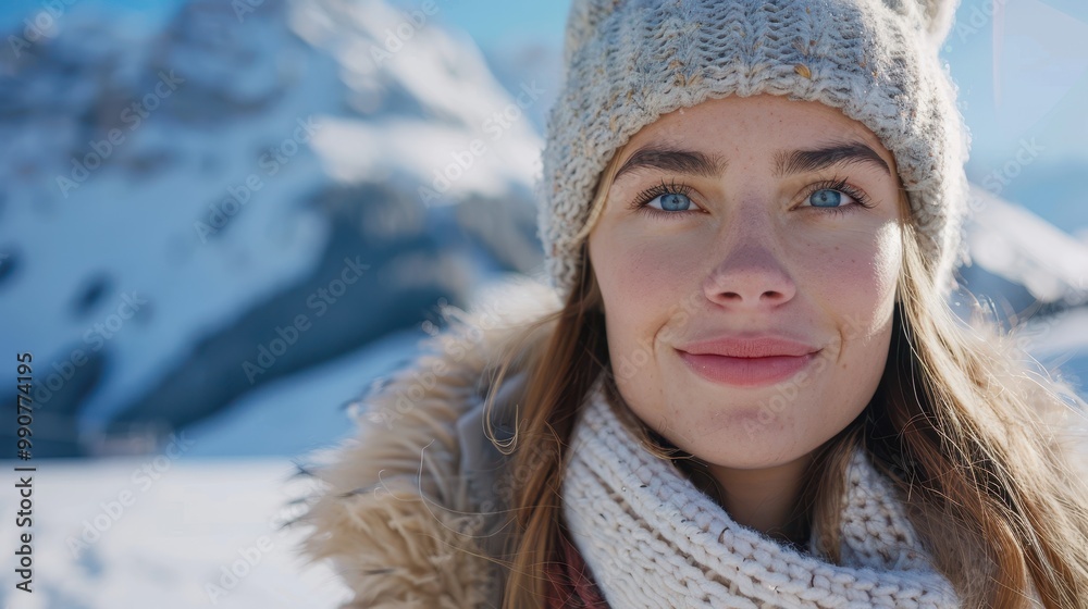 A joyful Caucasian woman poses in front of a majestic snowy peak, celebrating the magic of winter