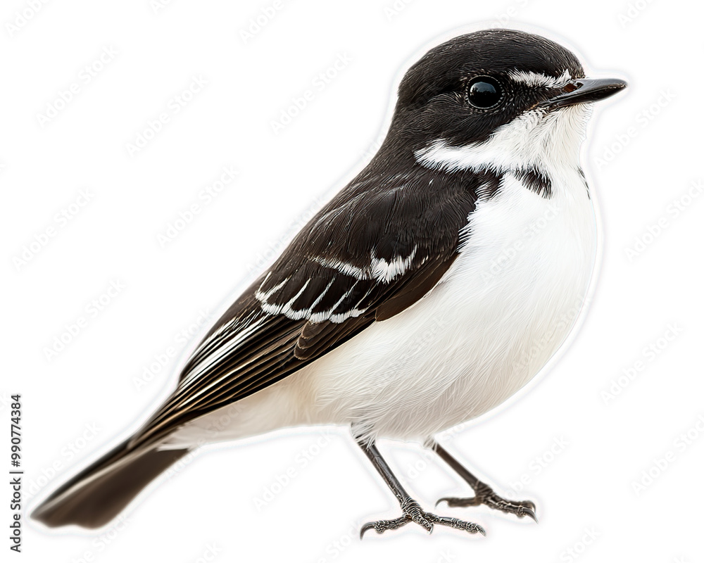 Small black and white bird with a long tail and white belly perched on a branch Small black and white bird with a long tail and white belly perched on a branch