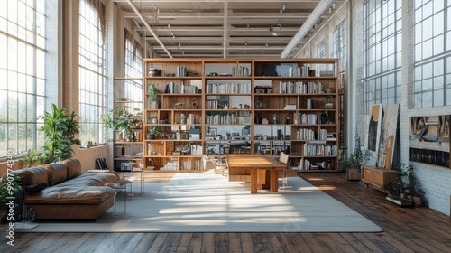 Modular shelving unit that doubles as a room divider, creating distinct spaces in a loft.