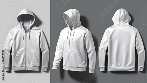 White Zip Up Hoodie Mockup, Front, Back and Side Views