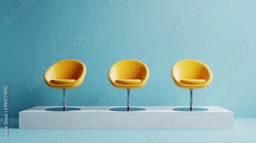 Three Yellow Chairs on a White Platform Against a Blue Wall photo