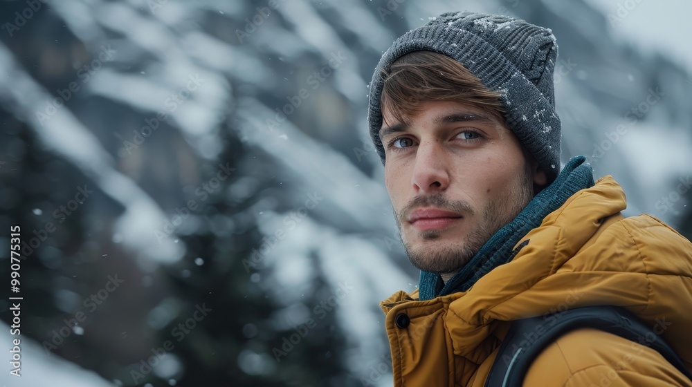 A man in a jacket enjoying the winter scenery against the background of huge mountains A man in a jacket enjoying the winter scenery against the background of huge mountains
