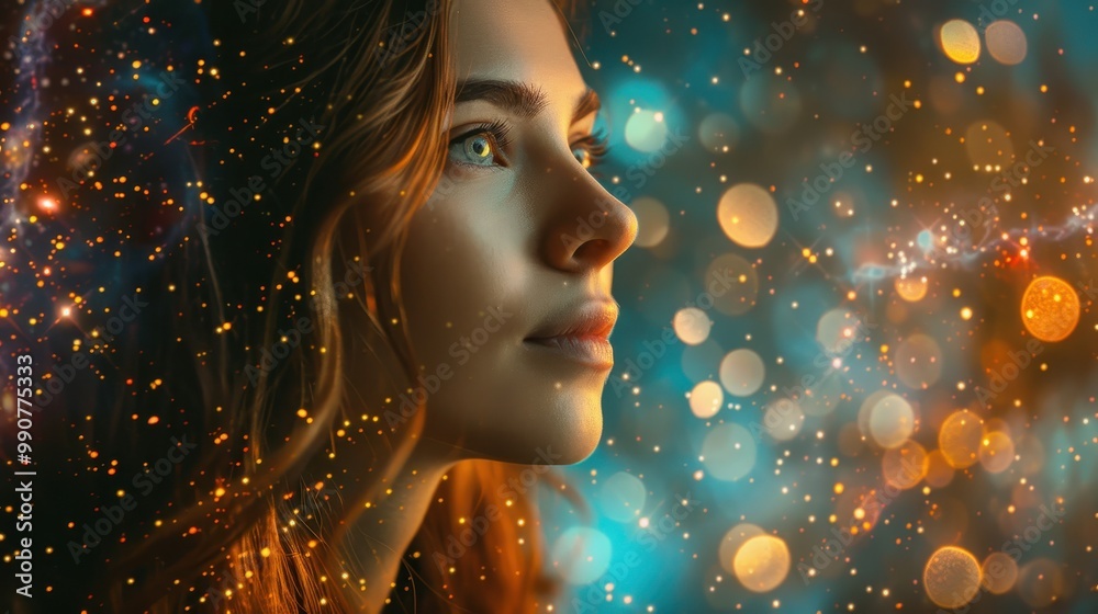 A woman whose inner world is reflected in galactic spaces A woman whose inner world is reflected in galactic spaces