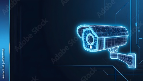 Futuristic Wireframe Security Camera on Blue Background