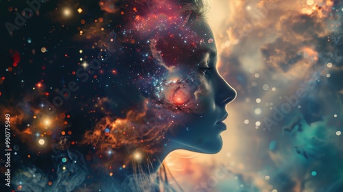 The beauty of a woman whose inner world is revealed through cosmic images