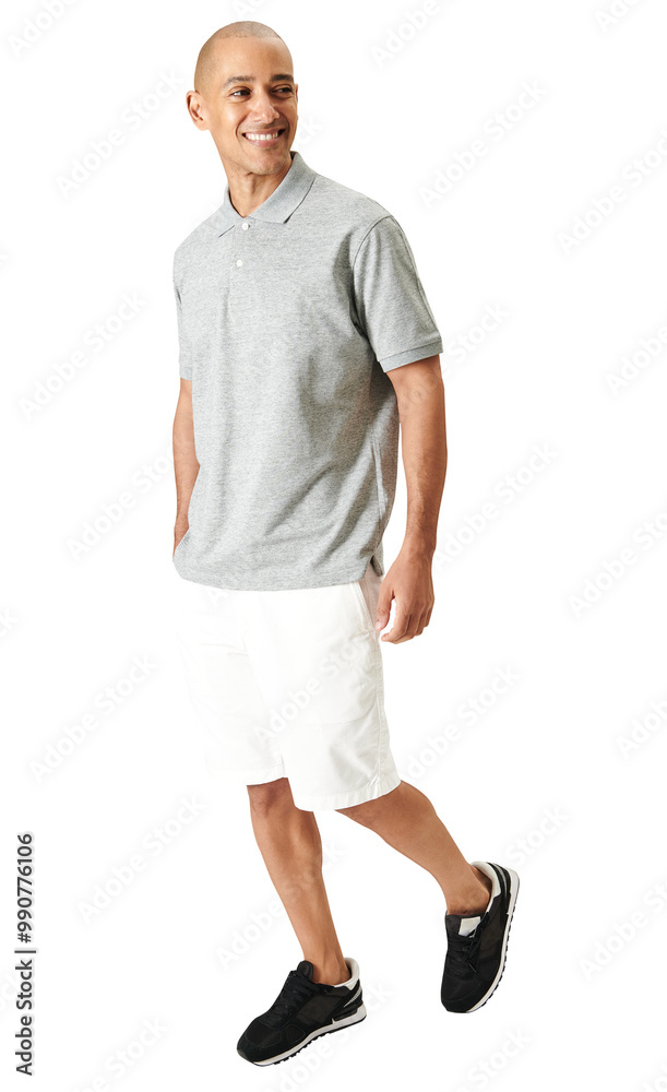 Fototapeta premium Png men's gray collared shirt with white knee length shorts