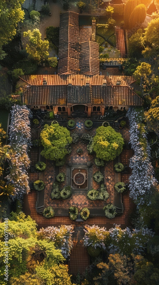 Majestic wisteria trellis, lush greenery, golden hour, bird's-eye view, vibrant blooms, intricate layout, wide-angle shot Majestic wisteria trellis, lush greenery, golden hour, bird's-eye view, vibrant blooms, intricate layout, wide-angle shot