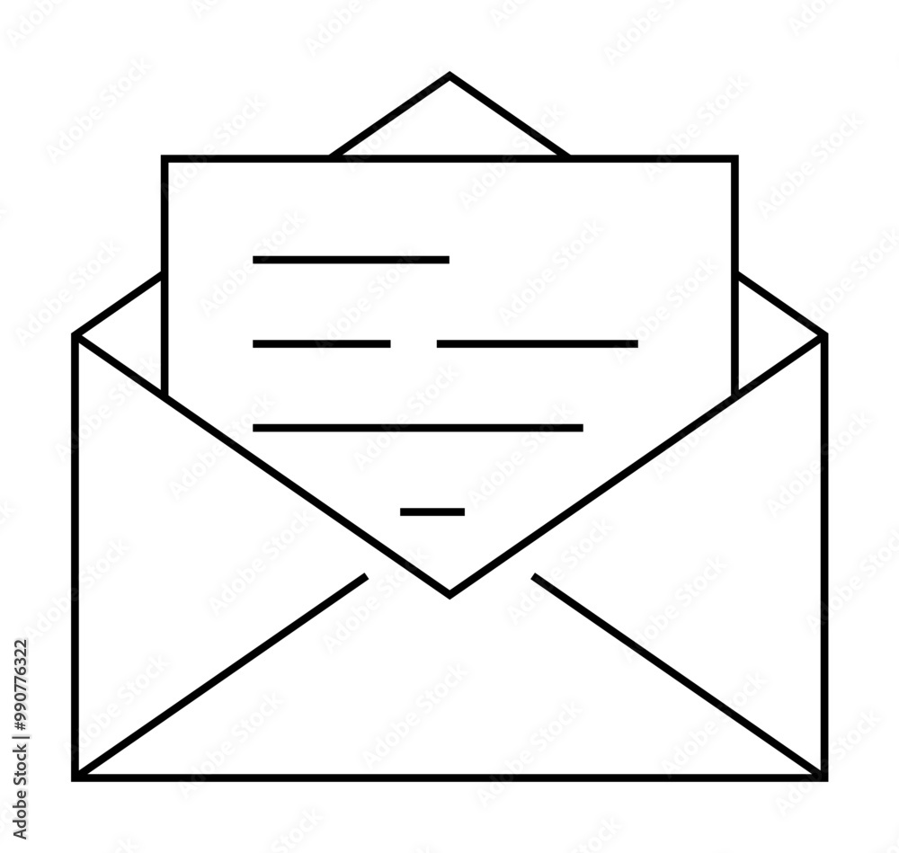 Open envelope with a visible letter inside. Ideal for communication, correspondence, messaging, delivery services, mail themes. Minimalist style. Open envelope with a visible letter inside. Ideal for communication, correspondence, messaging, delivery services, mail themes. Minimalist style.