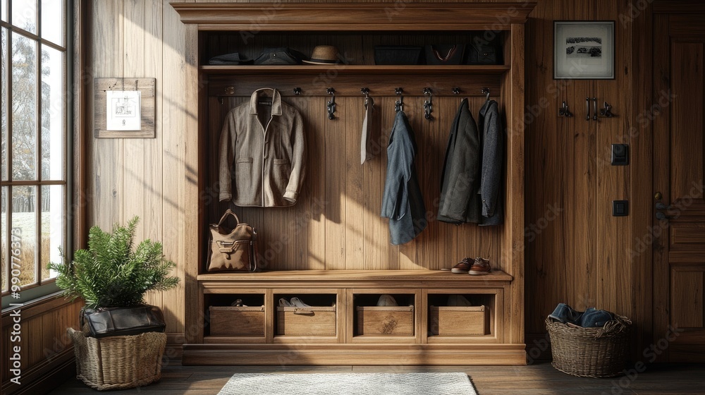 Versatile hall tree with hooks, shelves, and a hidden storage compartment. Versatile hall tree with hooks, shelves, and a hidden storage compartment.