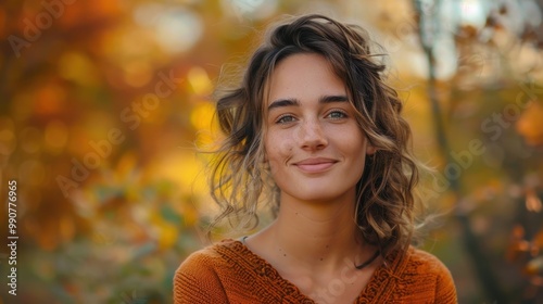 A vibrant portrait of a woman surrounded by the splendor of autumn, embodying happiness and serenity