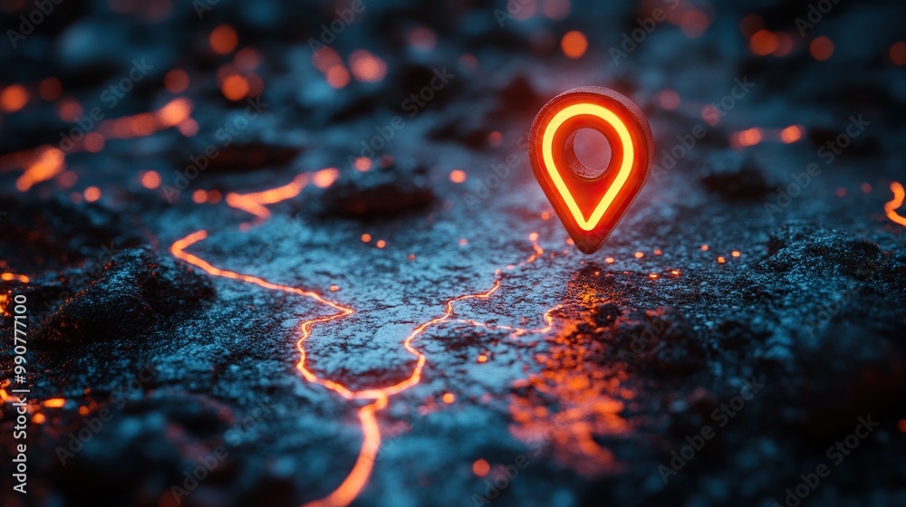 A digital concept showcasing a neon GPS map pin for navigation, highlighting technological advancements in network connection and information. A digital concept showcasing a neon GPS map pin for navigation, highlighting technological advancements in network connection and information.