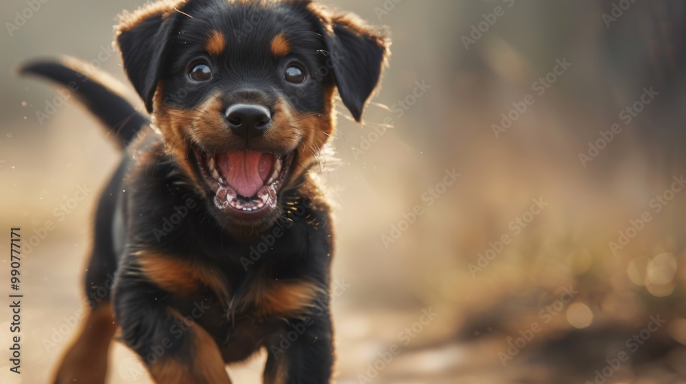 Excited puppy jumping with joy in cartoon realism style, capturing the playful spirit of a happy pet with bright colors and expressive features, ideal for pet-related content, children's illustrations Excited puppy jumping with joy in cartoon realism style, capturing the playful spirit of a happy pet with bright colors and expressive features, ideal for pet-related content, children's illustrations