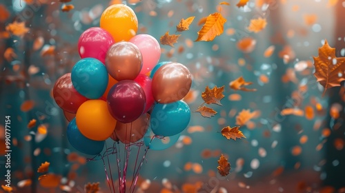 In this charming autumn scene, the colorful balloons bring warmth and joy, reminding us that gatherings can brighten even the chillier days of fall