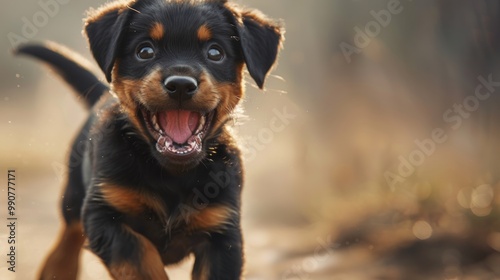 Excited puppy jumping with joy in cartoon realism style, capturing the playful spirit of a happy pet with bright colors and expressive features, ideal for pet-related content, children's illustrations photo