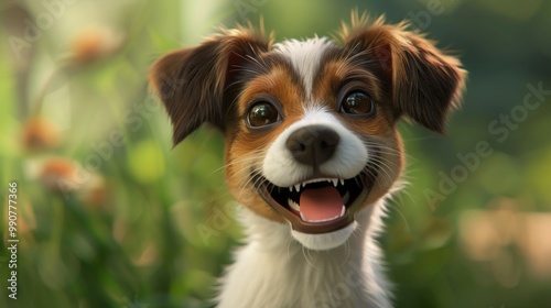 Excited puppy jumping with joy in cartoon realism style, capturing the playful spirit of a happy pet with bright colors and expressive features, ideal for pet-related content, children's illustrations photo