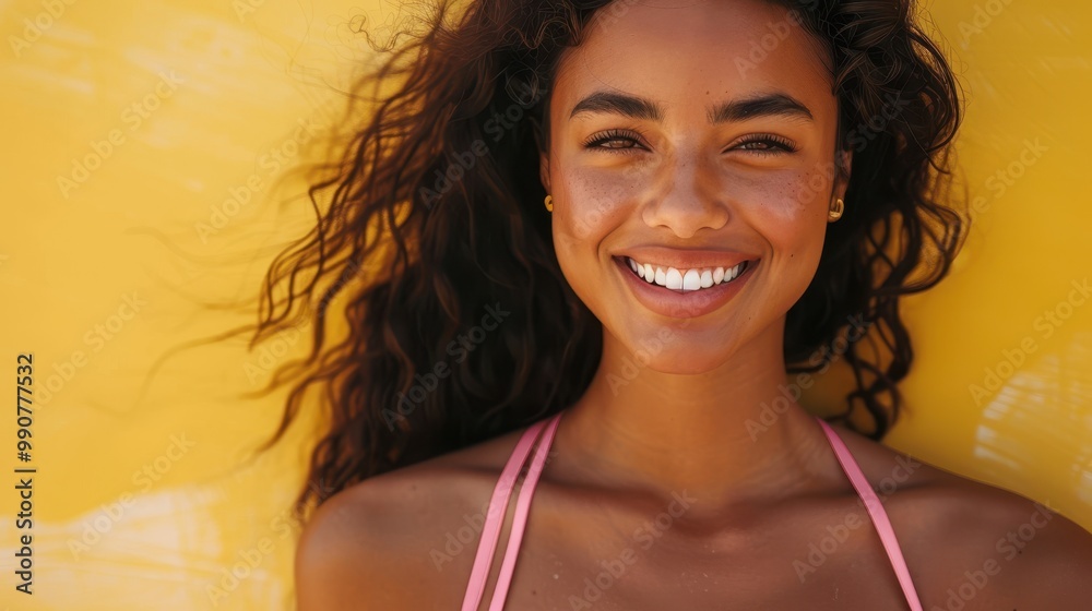 A beautiful young woman in a pink bikini stands proudly before a cheerful yellow background. Her infectious smile radiates warmth and happiness, capturing the essence of sunny summer days A beautiful young woman in a pink bikini stands proudly before a cheerful yellow background. Her infectious smile radiates warmth and happiness, capturing the essence of sunny summer days