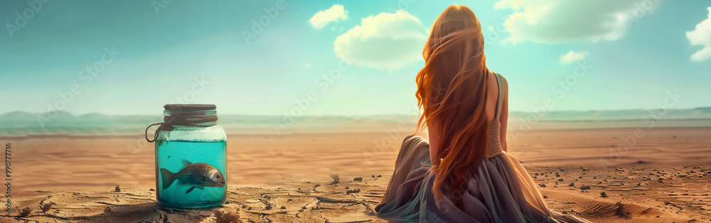 A long-haired girl sits on the sand in the desert next to a jar with a fish swimming inside, creating a contrast between the arid environment and the aquatic element. Suitable for conceptual art proje A long-haired girl sits on the sand in the desert next to a jar with a fish swimming inside, creating a contrast between the arid environment and the aquatic element. Suitable for conceptual art proje