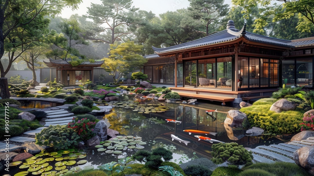 Serene Japanese garden, koi ponds, morning mist, bird's-eye view, vibrant flora, detailed layout, wide-angle shot Serene Japanese garden, koi ponds, morning mist, bird's-eye view, vibrant flora, detailed layout, wide-angle shot