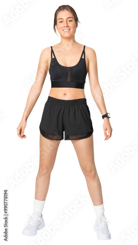 Woman png mockup in black sports bra and shorts activewear fashion full body