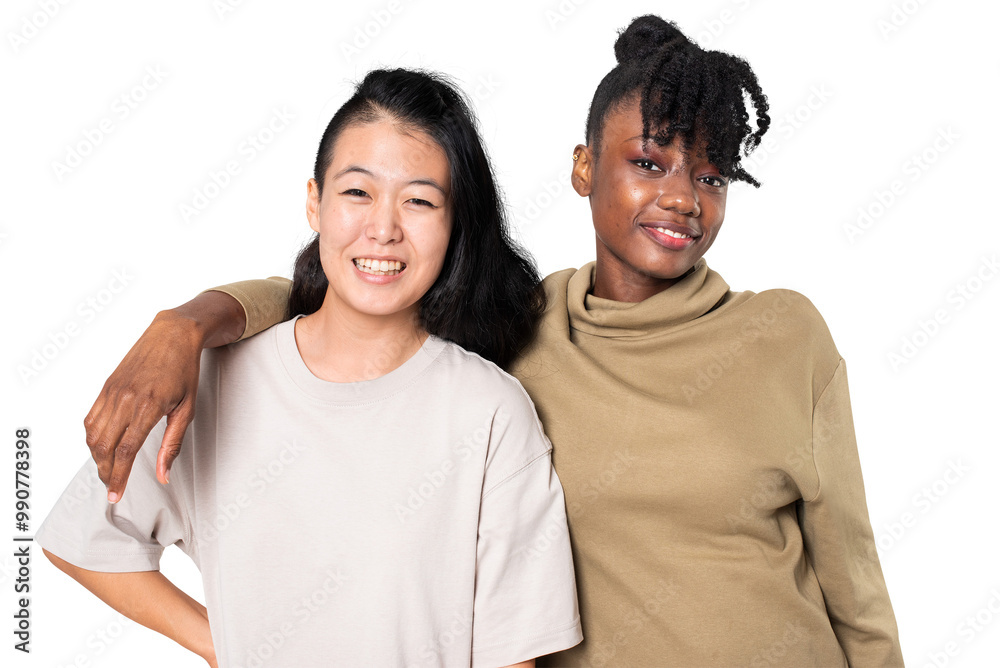Png African American and Asian woman in plain t-shirts for apparel shoot Png African American and Asian woman in plain t-shirts for apparel shoot