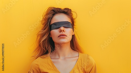 Portrait of a young woman with a blindfold on yellow background with copy space