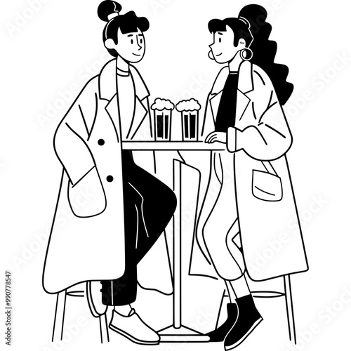 Black and White Two Girls drinking Beer and Chatting