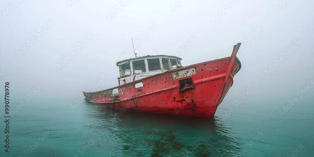 An abandoned fishing boat, slowly sinking into the sea, neglect, forgotten dreams An abandoned fishing boat, slowly sinking into the sea, neglect, forgotten dreams
