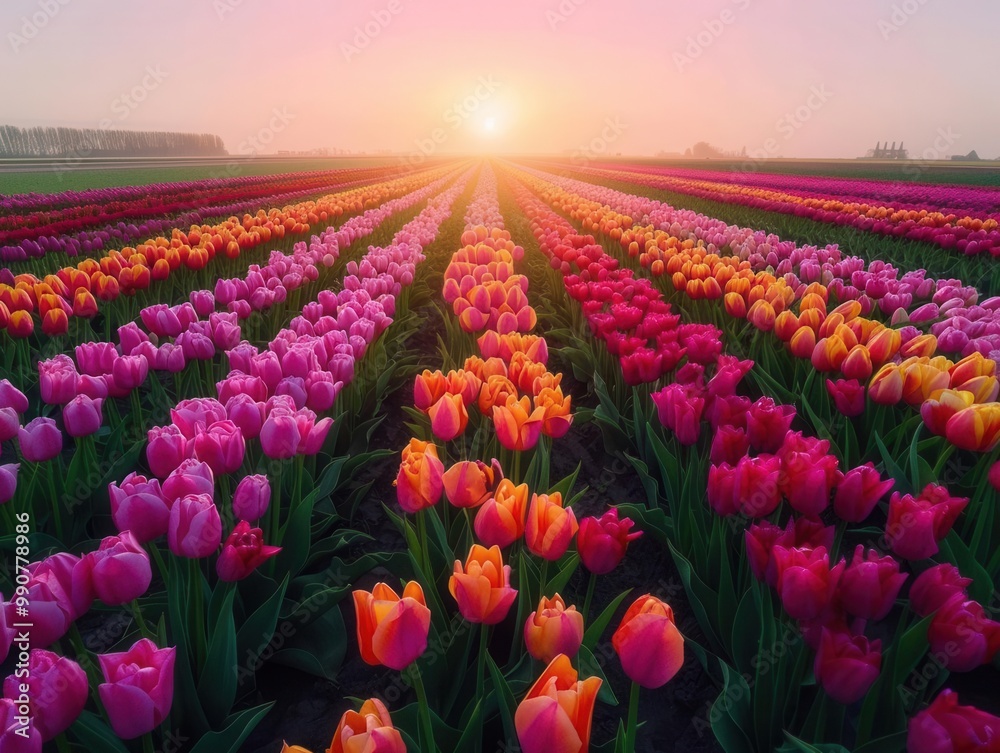 Vibrant tulip fields, symmetrical rows, midday sun, bird's-eye view, rich colors, wide-angle lens, sharp details, clear sky Vibrant tulip fields, symmetrical rows, midday sun, bird's-eye view, rich colors, wide-angle lens, sharp details, clear sky