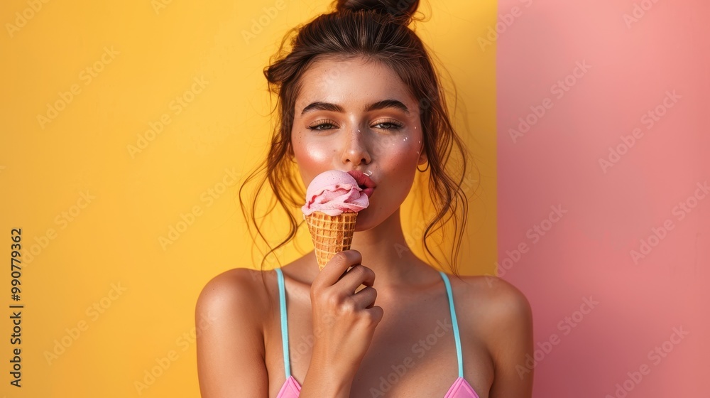 A stunning portrait of summer bliss, featuring a young woman in a bikini, her ice cream cone a delightful accessory
A stunning portrait of summer bliss, featuring a young woman in a bikini, her ice cream cone a delightful accessory