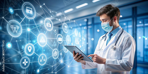 A medical professional using a tablet, surrounded by digital icons representing healthcare and medical technology, set in a modern hospital environmen photo