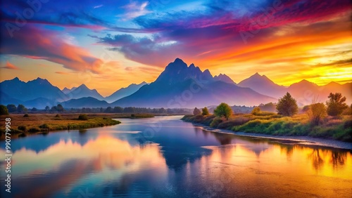 Vibrant landscape with river and mountains in silhouette against colorful sky