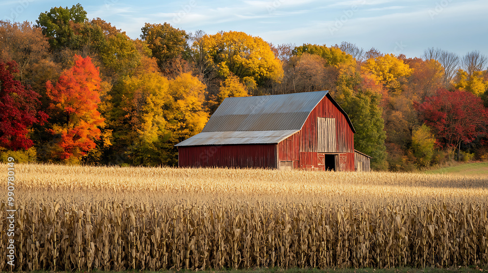A rustic barn surrounded by fields of corn and colourful autumn trees A rustic barn surrounded by fields of corn and colourful autumn trees