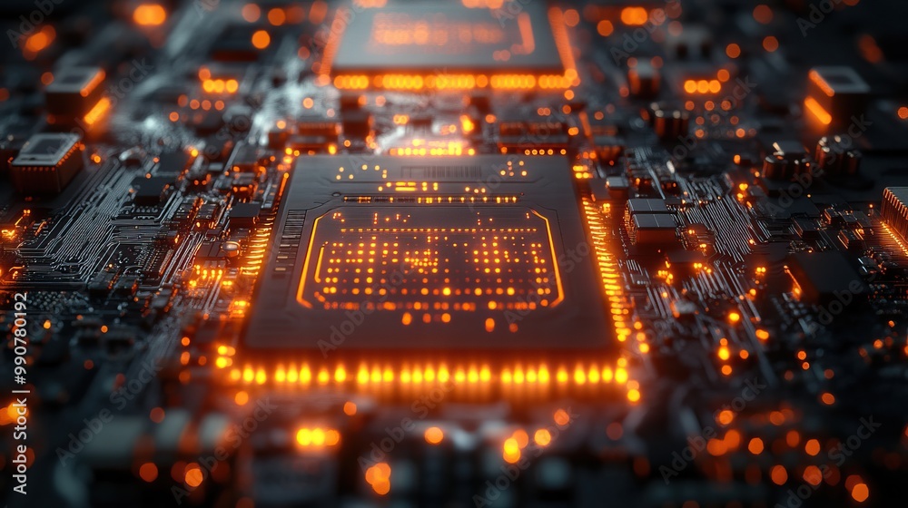 A futuristic 3D rendering of a circuit board close-up displays digital waves and glowing patterns, symbolizing advanced technology. A futuristic 3D rendering of a circuit board close-up displays digital waves and glowing patterns, symbolizing advanced technology.