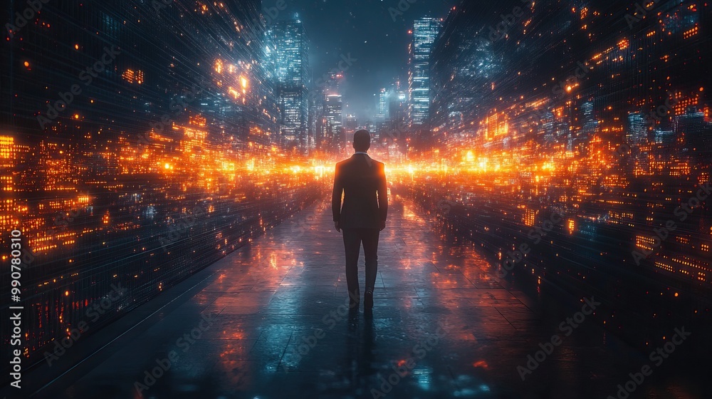 A futuristic business environment is portrayed by a businessman navigating through a city equipped with advanced network capabilities. A futuristic business environment is portrayed by a businessman navigating through a city equipped with advanced network capabilities.