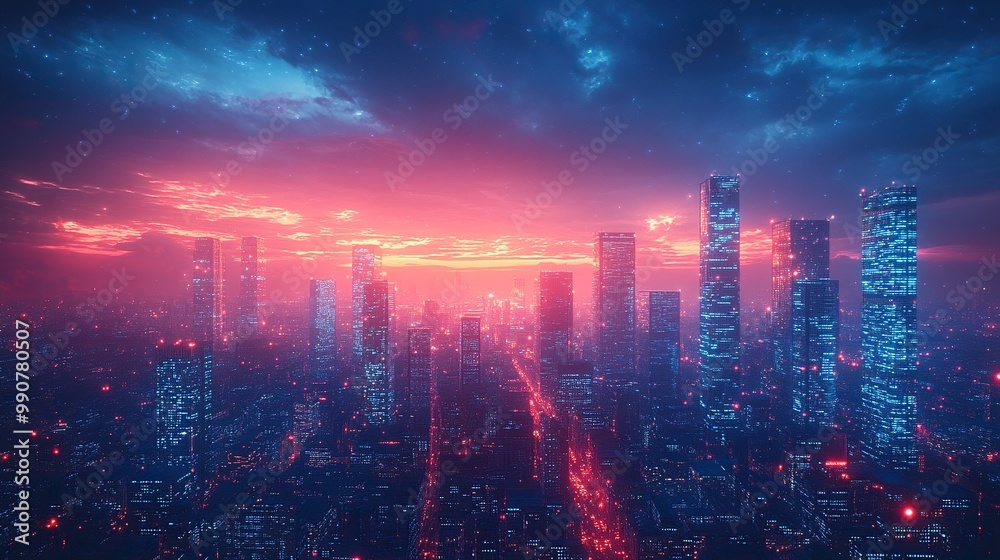 Fototapeta premium A futuristic cityscape in the metaverse, showcasing smart data skyscrapers and the integration of business and technology.